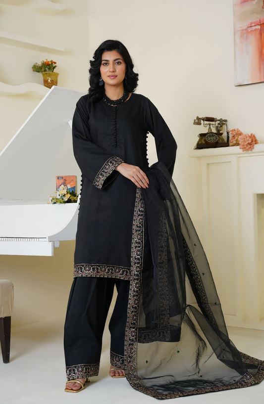 Threads & Weaves Classic Black Embroidered Viscose 3-Piece Suit Ready to Wear TNW25VSC