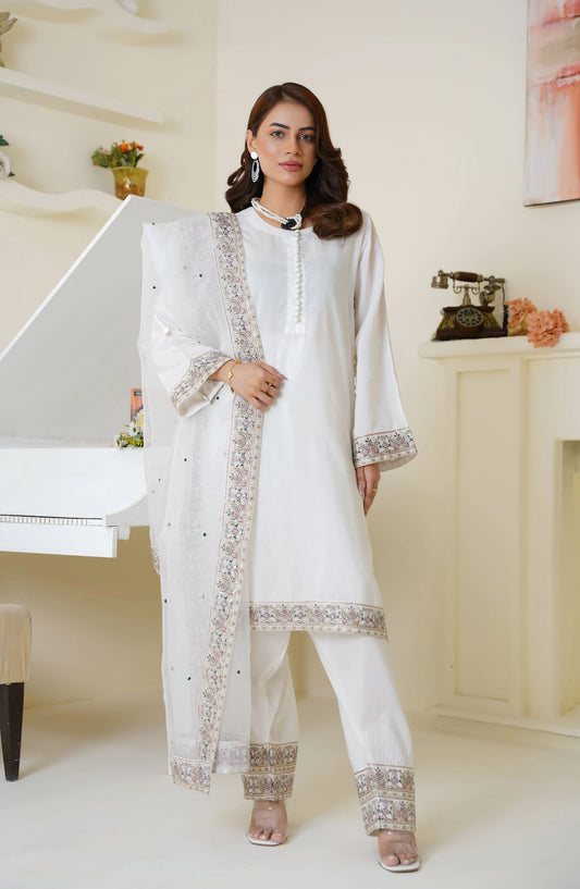 Threads & Weaves Ivory White Embroidered Viscose 3-Piece Suit Ready to Wear TNW25VSC