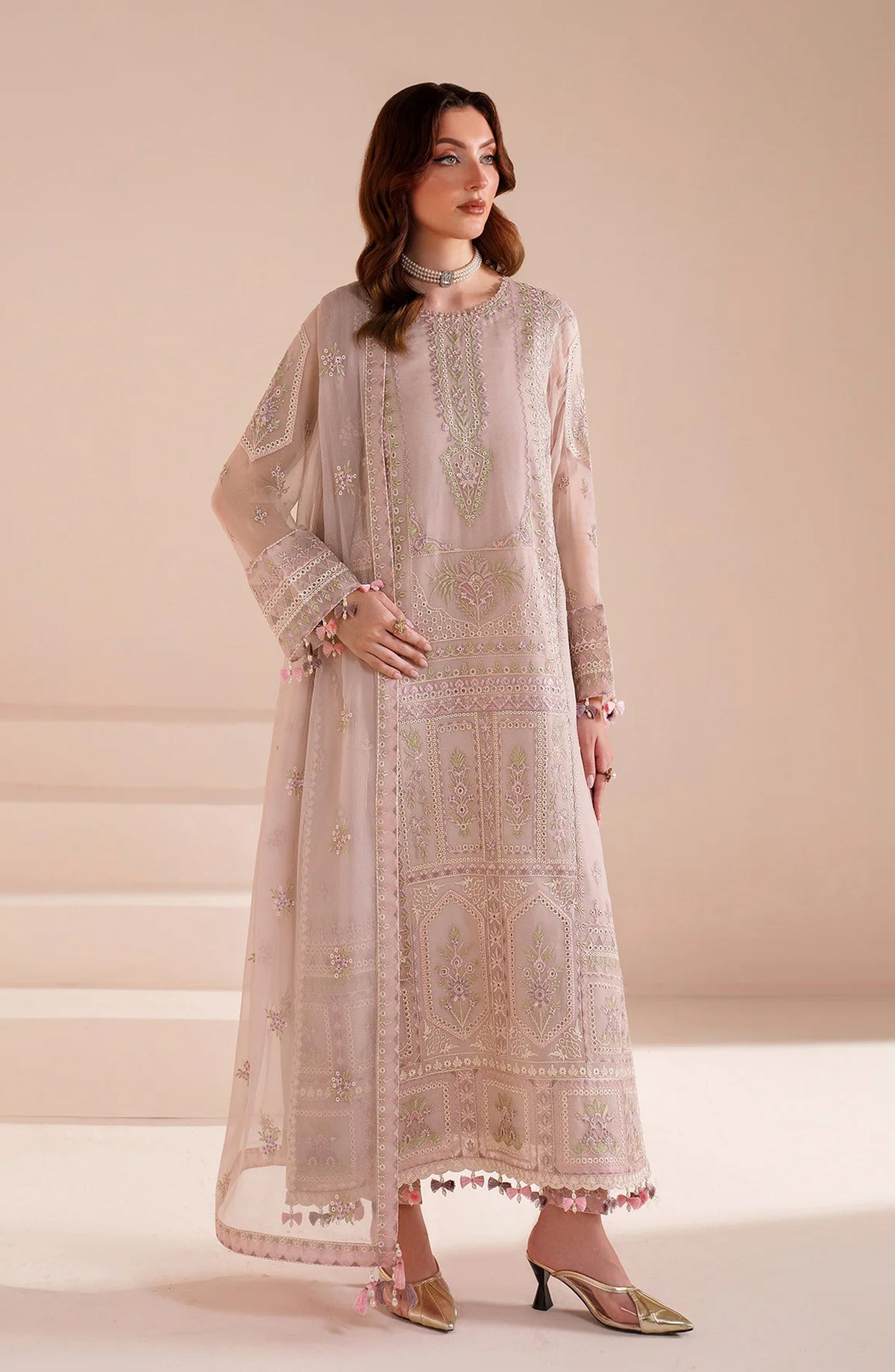 Threads by Alizeh Embroidered Chiffon Unstitched 3 Piece Suit - Elva - ALZ26TR - Pink - Eid Festive Collection