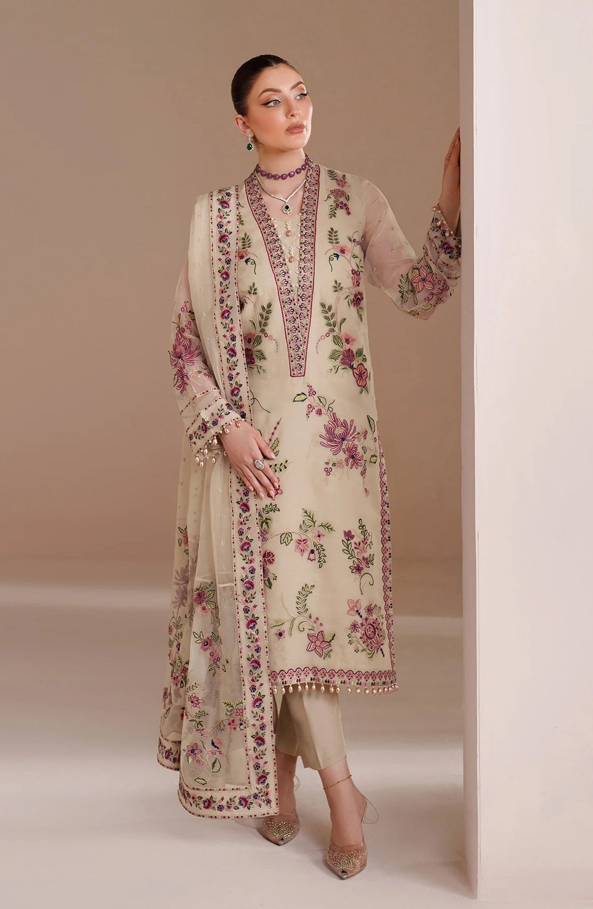 Threads by Alizeh Embroidered Chiffon Unstitched 3 Piece Suit - Victoria - ALZ26TR - Fawn - Eid Festive Collection