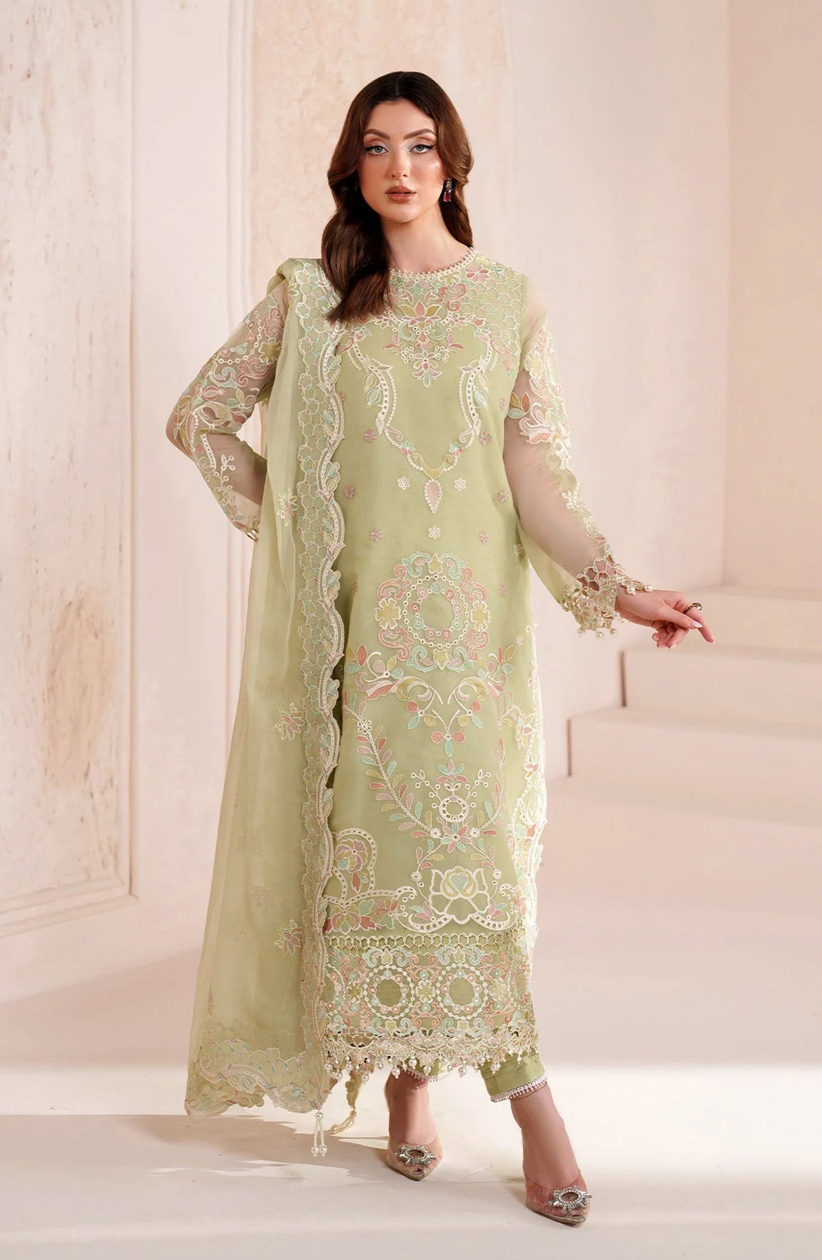 Threads by Alizeh Embroidered Chiffon Unstitched 3 Piece Suit - Anya - ALZ26TR - Green - Eid Festive Collection