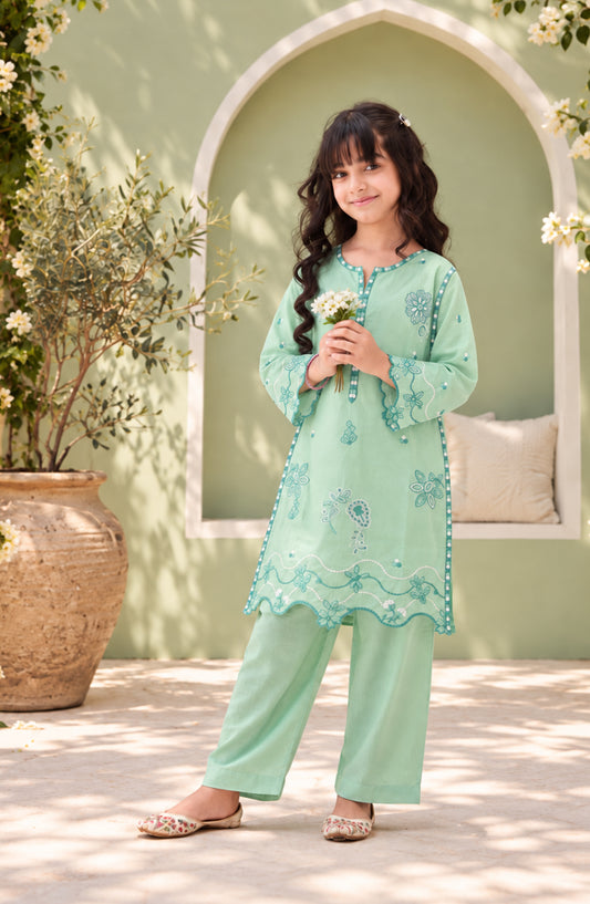 Titliyan Aangan Main by Amna Khadija Embroidered Cotton Stitched 2 Piece Co-ord Set - AKT-04 - AM26TLY - Sea Green - Girls Collection