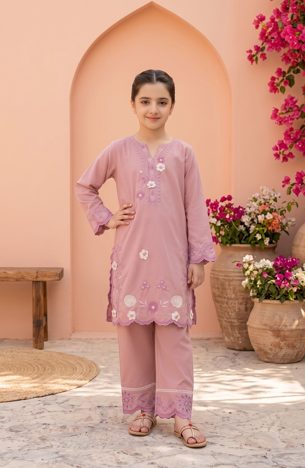 Titliyan Aangan Main by Amna Khadija Embroidered Cotton Stitched 2 Piece Co-ord Set - AKT-07 - AM26TLY - Pink - Girls Collection