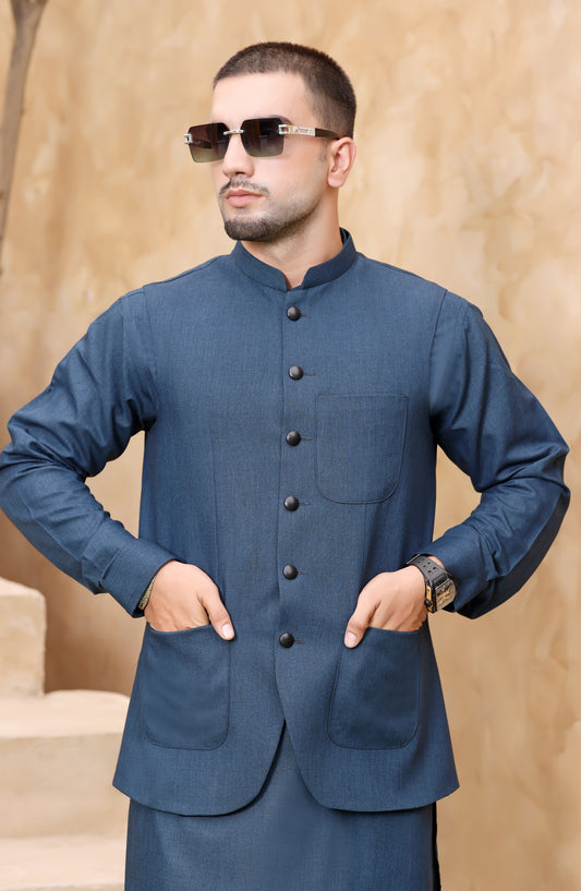 TGM The Royal Edit Premium Blended Material Stitched Three Piece with matching Suit - Ultra Marine (3pc) - TGM26ROY - Teal - Men Festive Collection