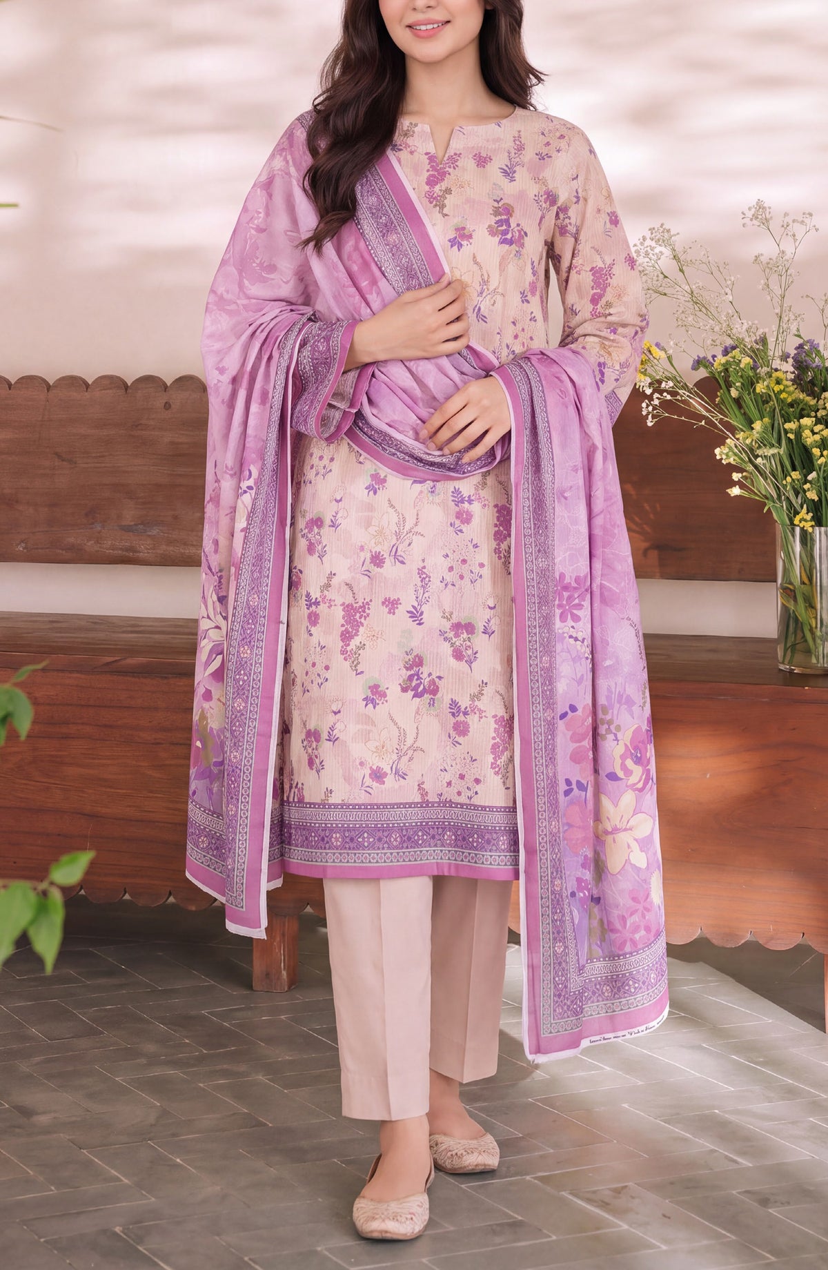 VS Daman Exclusive Printed Cambric Unstitched 3 Piece Suit - D-957 - VS26MB - Pink - Summer Collection