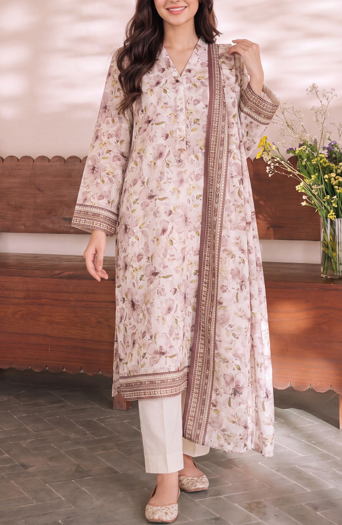 VS Daman Exclusive Printed Cambric Unstitched 3 Piece Suit - D-955 - VS26MB - Off White - Summer Collection