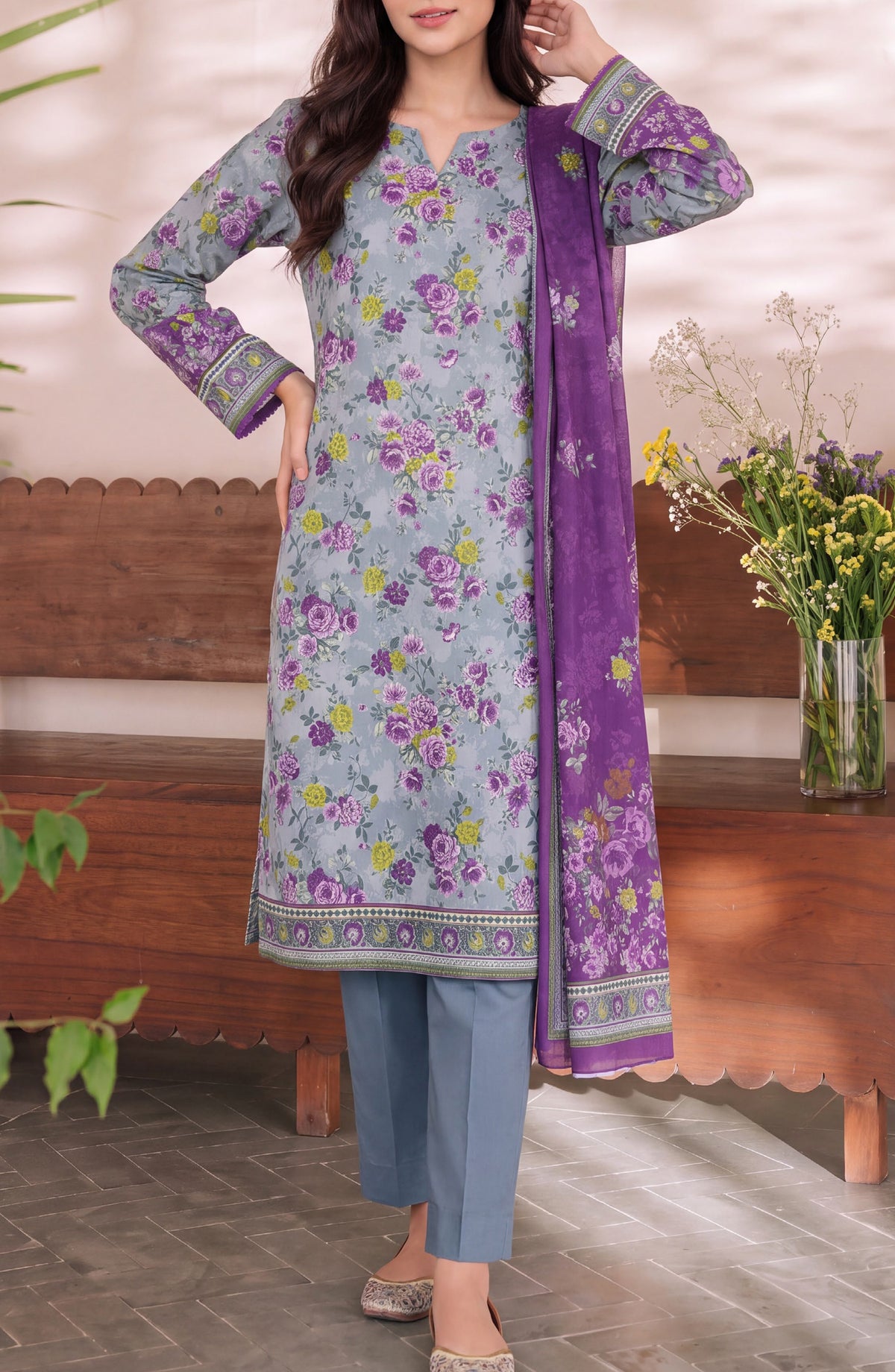 VS Daman Exclusive Printed Cambric Unstitched 3 Piece Suit - D-952 - VS26MB - Blue - Summer Collection