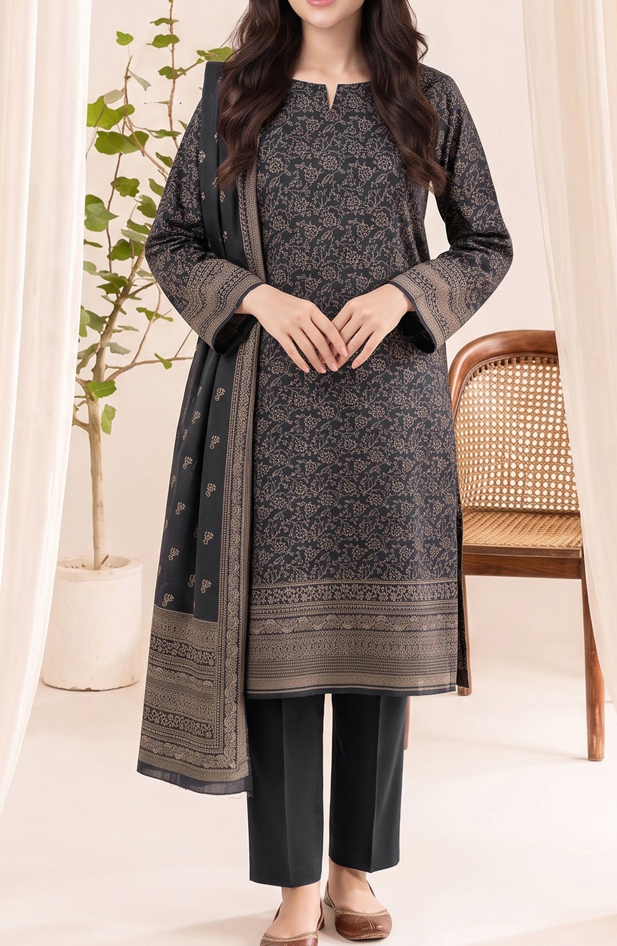VS Printed Pashmina Unstitched 3 Piece Suit - D-05 - VS26PM - Black - Winter Collection