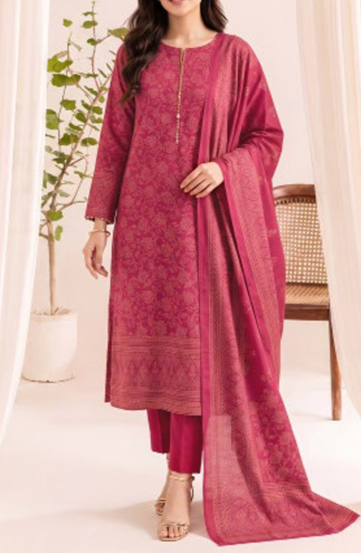 VS Printed Pashmina Unstitched 3 Piece Suit - D-01 - VS26PM - Pink - Winter Collection
