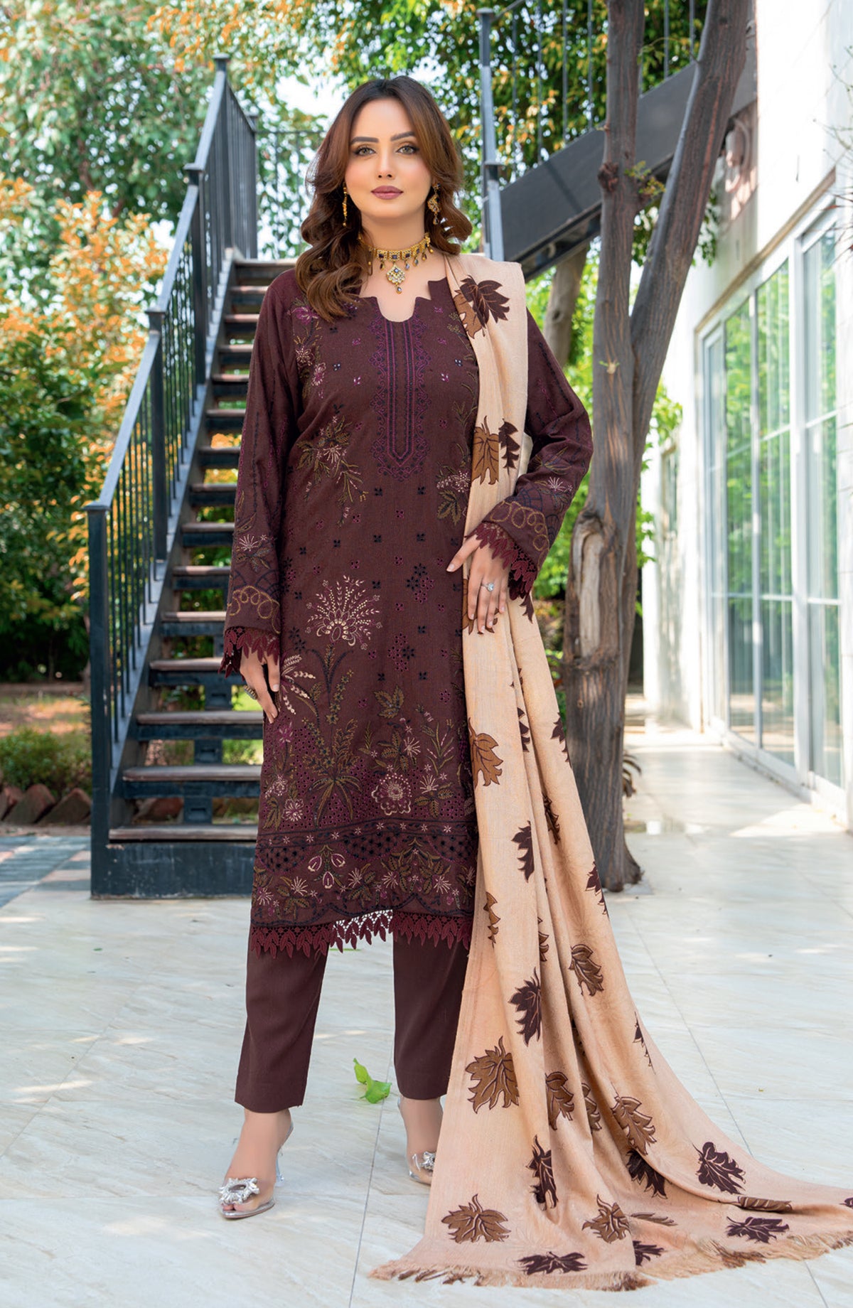 Vasal by Riaz Arts Luxury Embroidered Zari Jacquard Unstitched 3 Piece Suit - Design-05 - RA25VSL - Maroon - Winter Collection