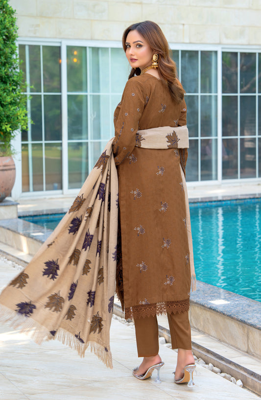 Vasal by Riaz Arts Luxury Embroidered Zari Jacquard Unstitched 3 Piece Suit - Design-03 - RA25VSL - Brown - Winter Collection