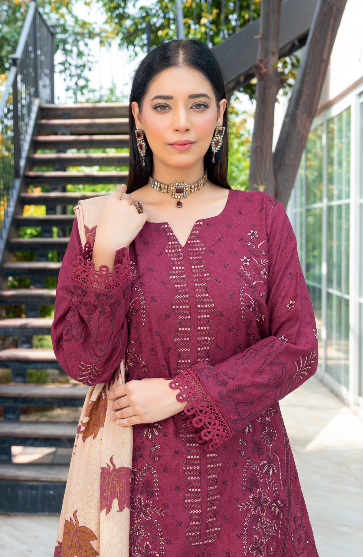 Vasal by Riaz Arts Luxury Embroidered Zari Jacquard Unstitched 3 Piece Suit - Design-02 - RA25VSL - Pink - Winter Collection