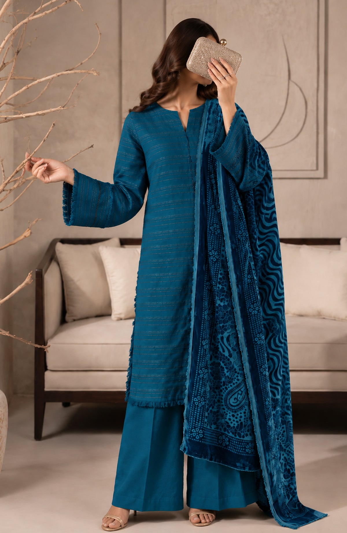 Velluto Milano by Amna Khadija Moonlight Unstitched 3 Piece Suit - AKVM-11 - AM26TOM - Blue - Winter Collection