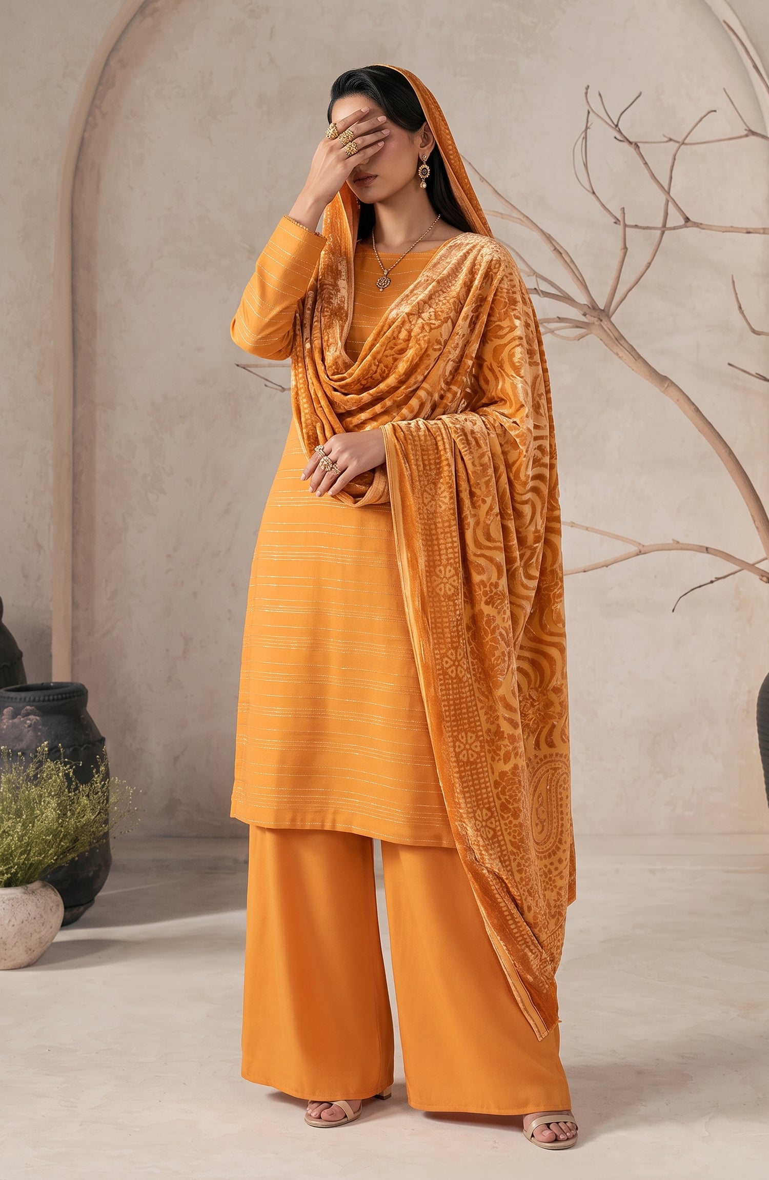 Velluto Milano by Amna Khadija Moonlight Unstitched 3 Piece Suit - AKVM-12 - AM26TOM - Orange - Winter Collection