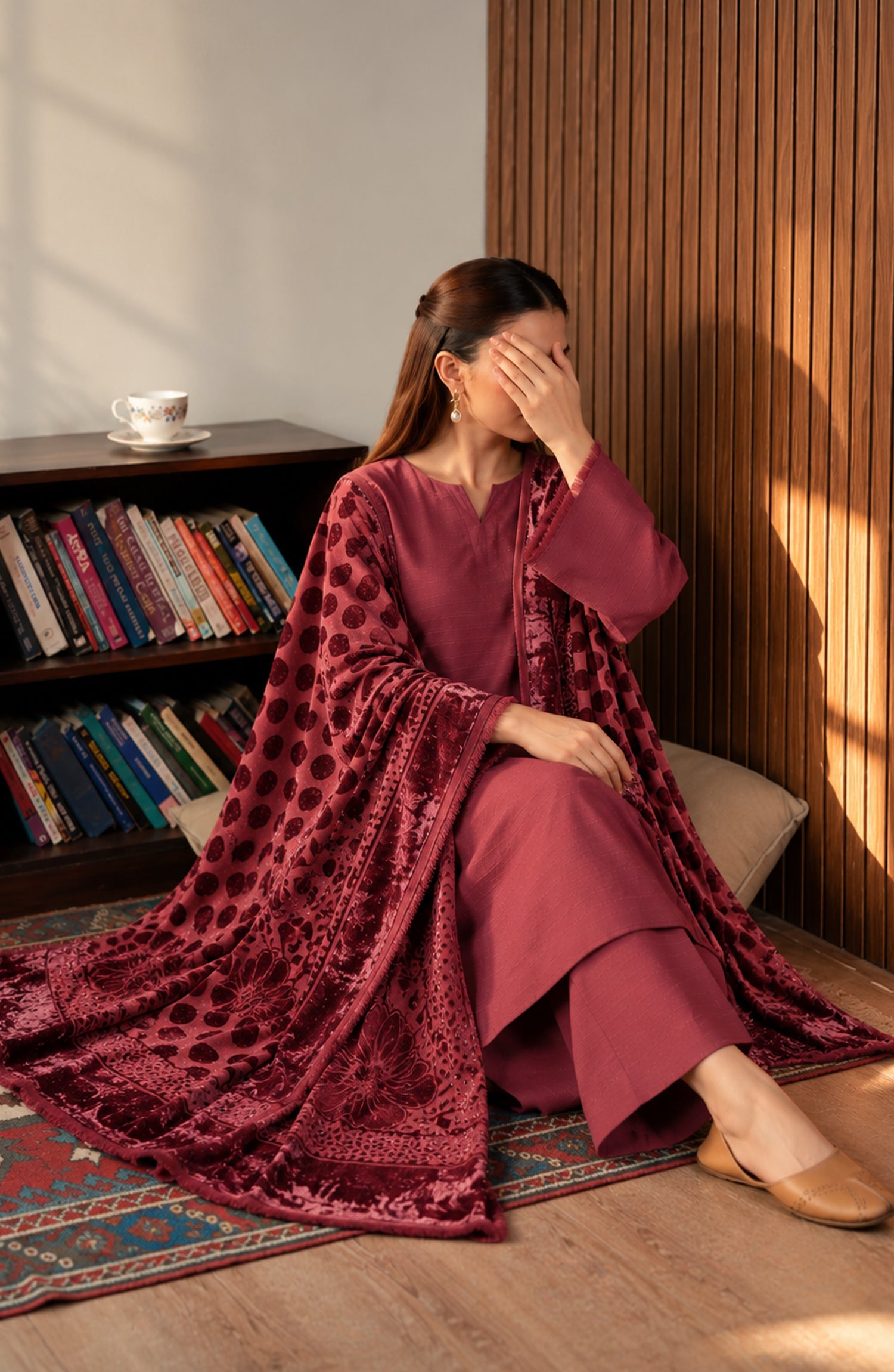 Velluto Milano by Amna Khadija Moonlight Unstitched 3 Piece Suit - AKVM-18 - AM26MON - Maroon - Winter Collection