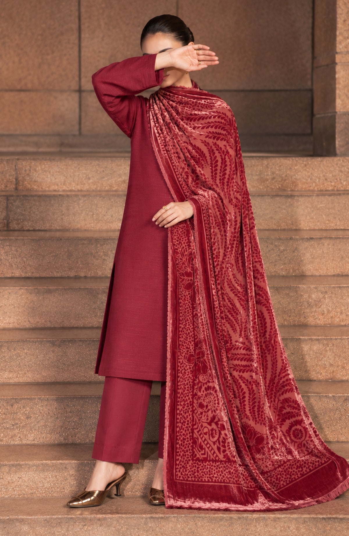 Velluto Milano by Amna Khadija Moonlight Dhanak Unstitched 3 Piece Suit - D-08 - AM26VUL - Red - Winter Collection