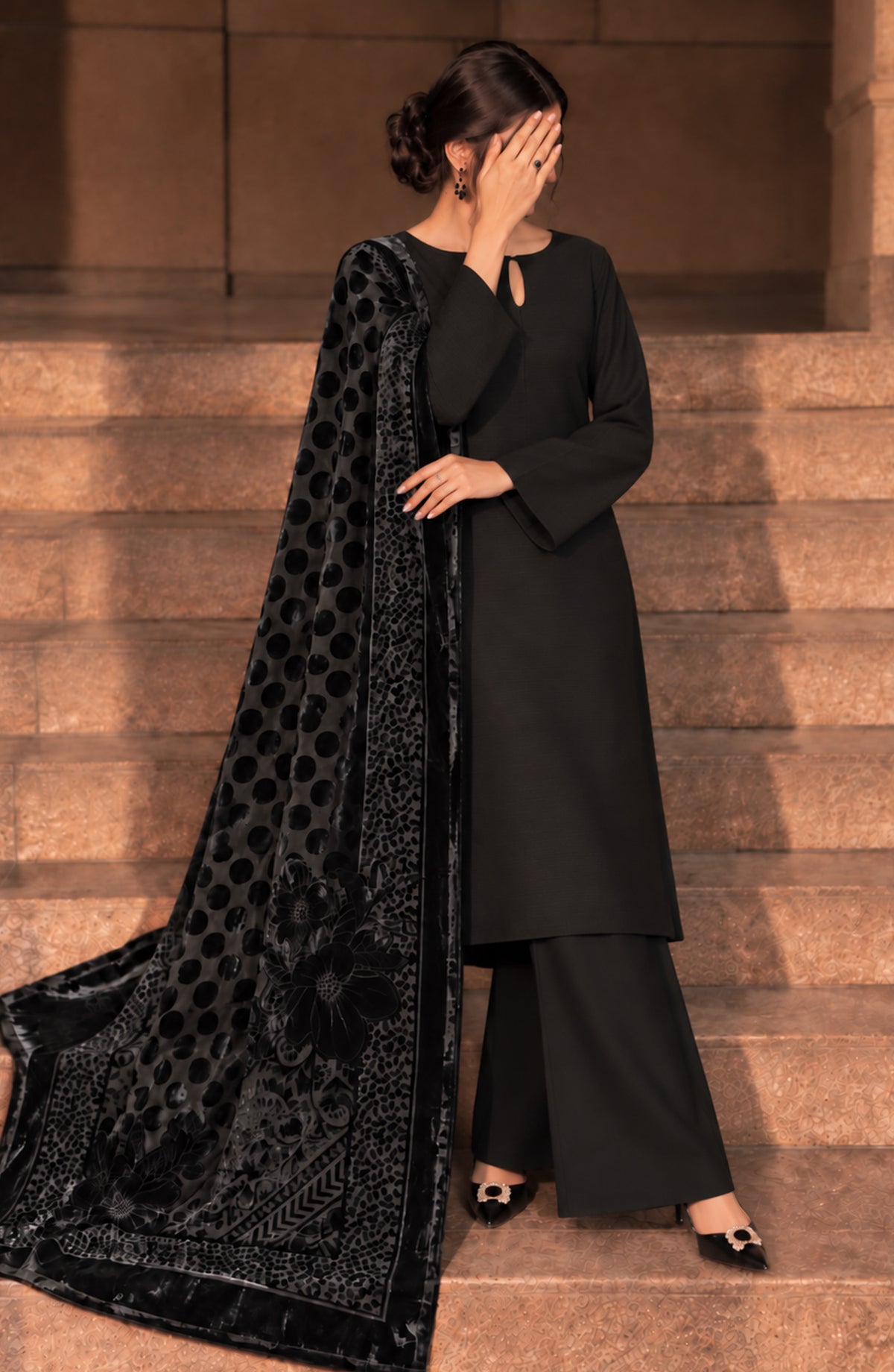 Velluto Milano by Amna Khadija Moonlight Dhanak Unstitched 3 Piece Suit - D-07 - AM26VUL - Black - Winter Collection