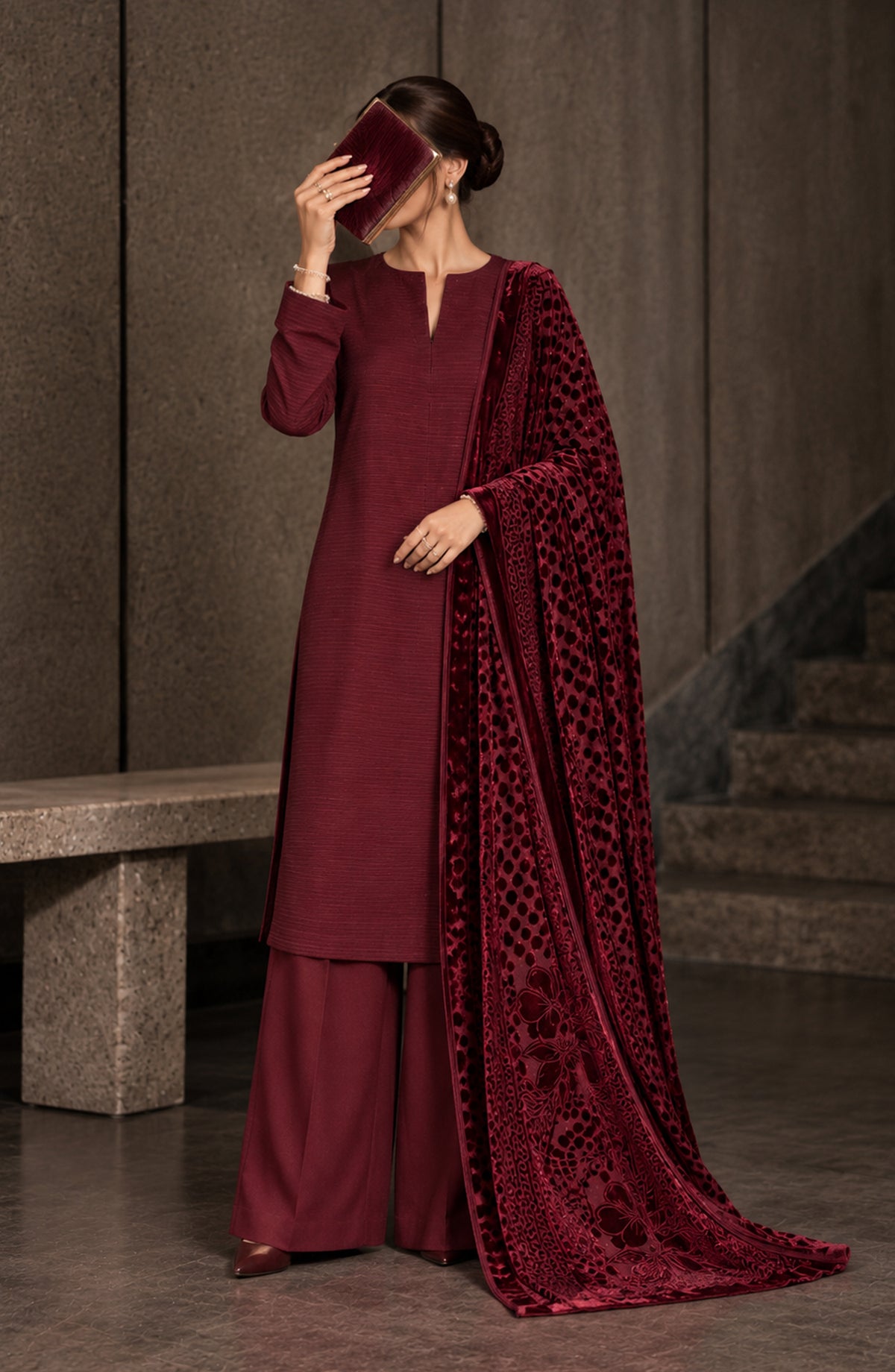 Velluto Milano by Amna Khadija Moonlight Dhanak Unstitched 3 Piece Suit - D-06 - AM26VUL - Maroon - Winter Collection