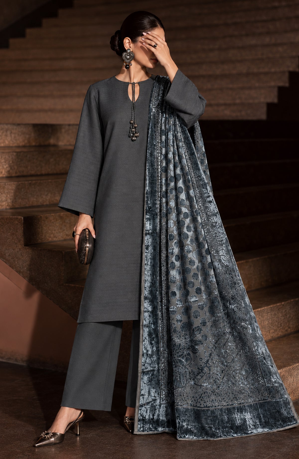 Velluto Milano by Amna Khadija Moonlight Dhanak Unstitched 3 Piece Suit - D-04 - AM26VUL - Grey - Winter Collection