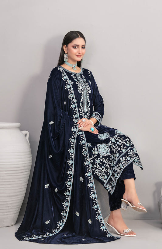 Velvora by Tawakkal Fabrics Embroidered Velvet Unstitched 3 Piece Suit - D-4928 - TF25VOR - Blue - Winter Collection