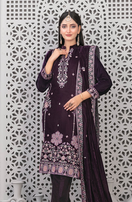 Velvora by Tawakkal Fabrics Embroidered Velvet Unstitched 3 Piece Suit - D-4926 - TF25VOR - Purple - Winter Collection