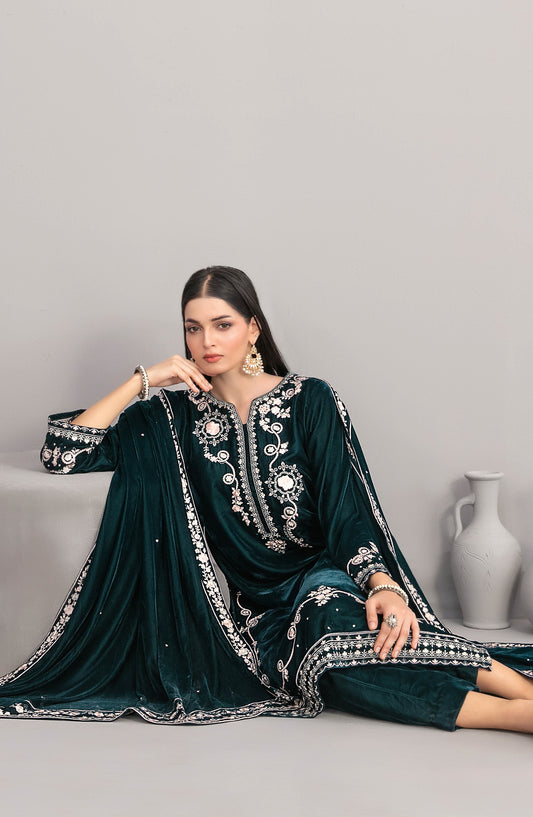 Velvora by Tawakkal Fabrics Embroidered Velvet Unstitched 3 Piece Suit - D-4925 - TF25VOR - Green - Winter Collection