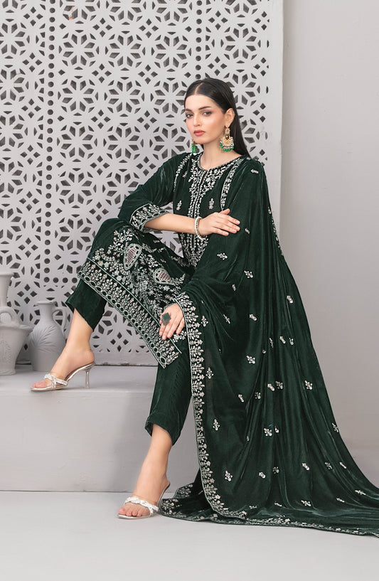 Velvora by Tawakkal Fabrics Embroidered Velvet Unstitched 3 Piece Suit - D-4924 - TF25VOR - Green - Winter Collection