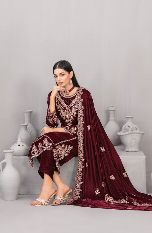 Velvora by Tawakkal Fabrics Embroidered Velvet Unstitched 3 Piece Suit - D-4923 - TF25VOR - Maroon - Winter Collection