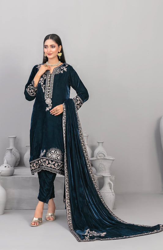 Velvora by Tawakkal Fabrics Embroidered Velvet Unstitched 3 Piece Suit - D-4922 - TF25VOR - Blue - Winter Collection