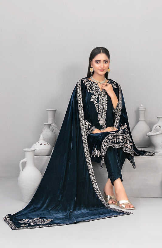 Velvora by Tawakkal Fabrics Embroidered Velvet Unstitched 3 Piece Suit - D-4922 - TF25VOR - Blue - Winter Collection