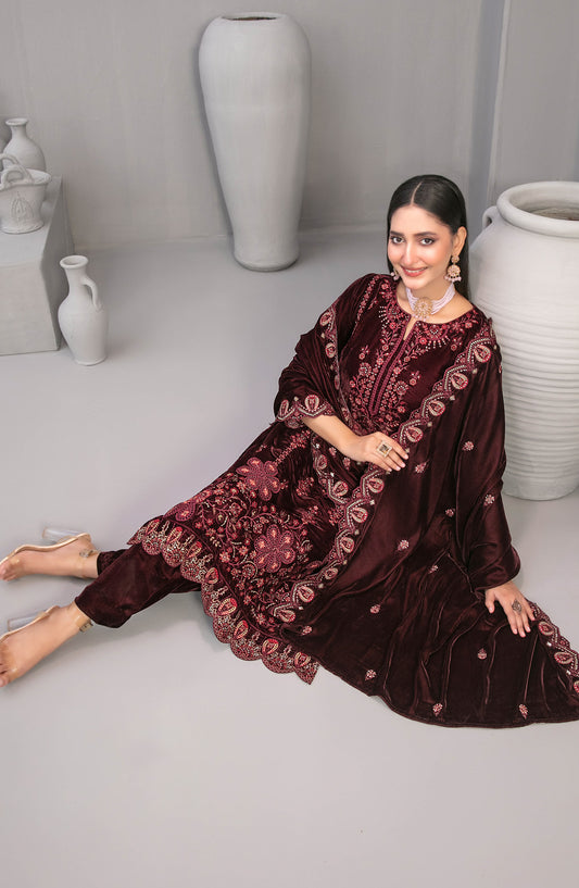 Velvora by Tawakkal Fabrics Embroidered Velvet Unstitched 3 Piece Suit - D-4921 - TF25VOR - Maroon - Winter Collection