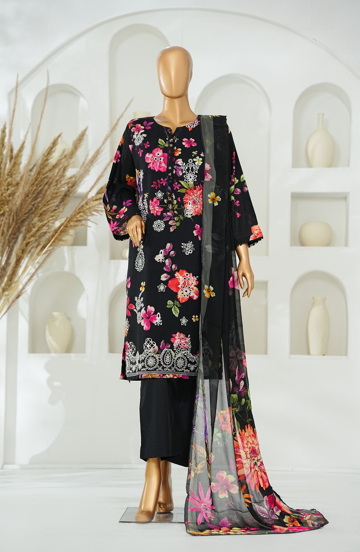 Versa by Amna Khadija Embroidered Lawn Stitched 3 Piece Suit - AKVL-02 - AM26KVL - Black - Summer Collection