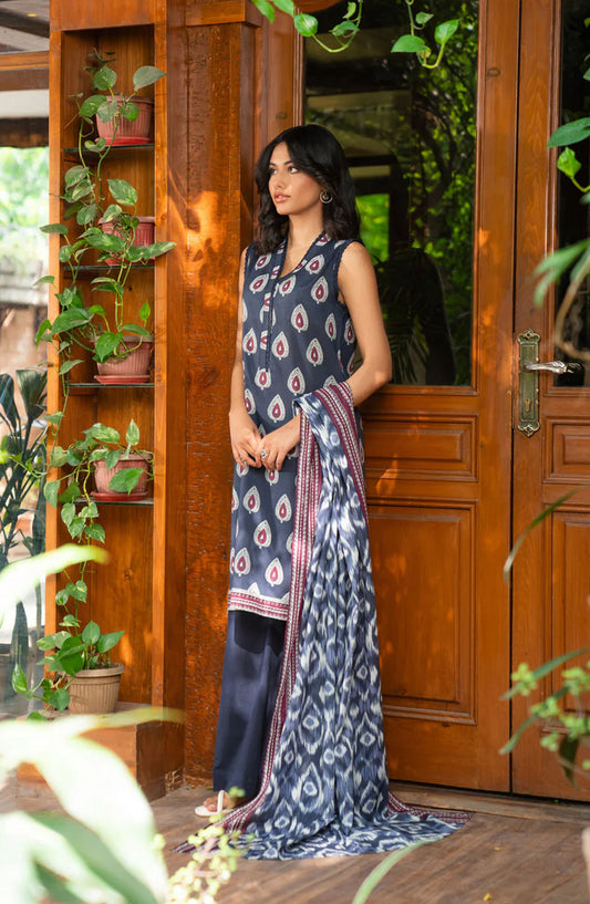 Beena by Beyond East Printed Lawn Unstitched 3 Piece Suit - WUE-154519 - BYD25BE - Navy Blue - Summer Collection