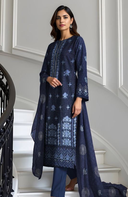 Wadi e Rangoon Embroidered Dhanak Jacquard Chamki Unstitched 3 Piece Suit - Design-02 - AK25WDR - Blue - Winter Collection