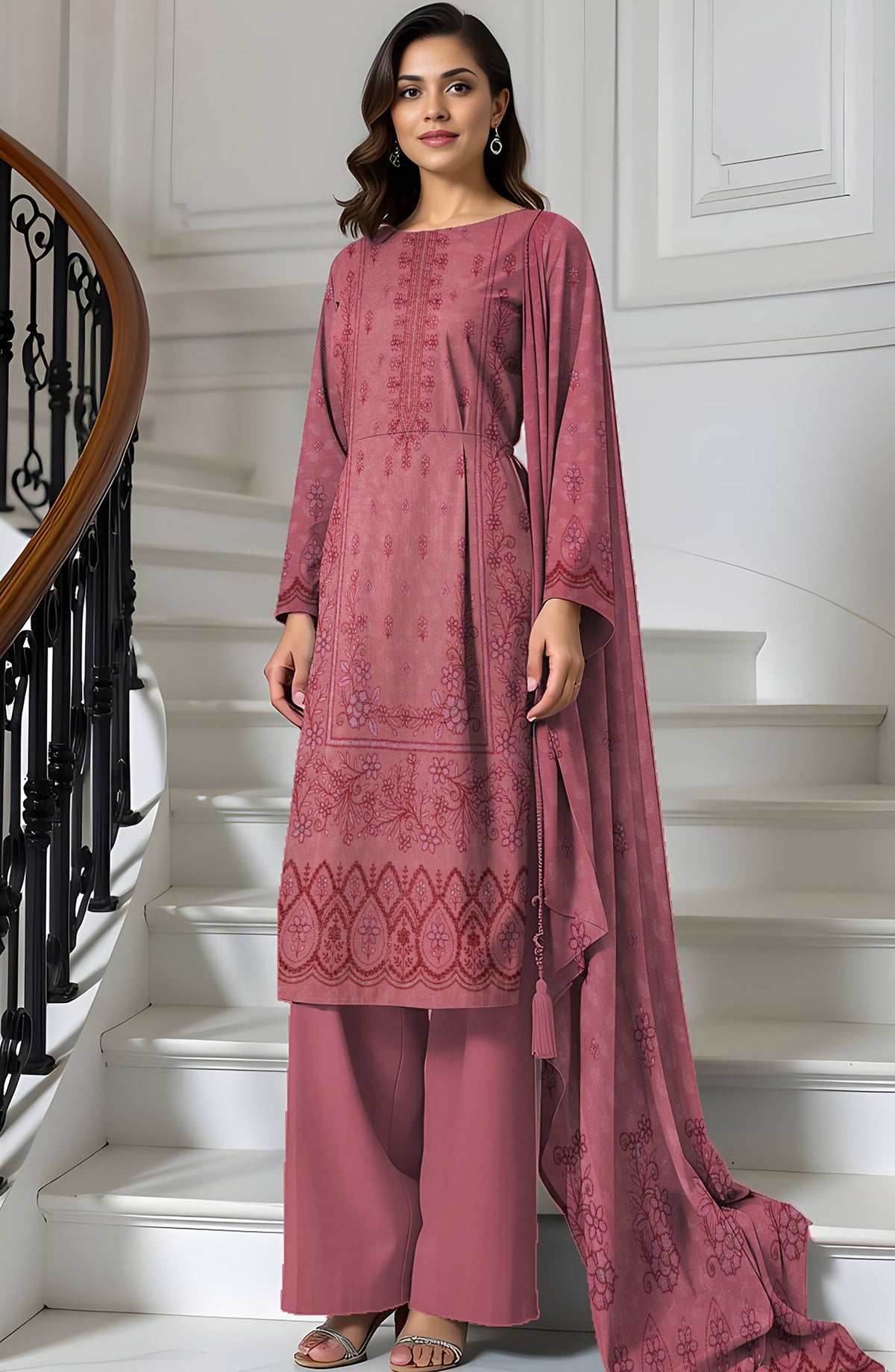 Wadi e Rangoon Embroidered Dhanak Jacquard Chamki Unstitched 3 Piece Suit - Design-04 - AK25WDR - Pink - Winter Collection