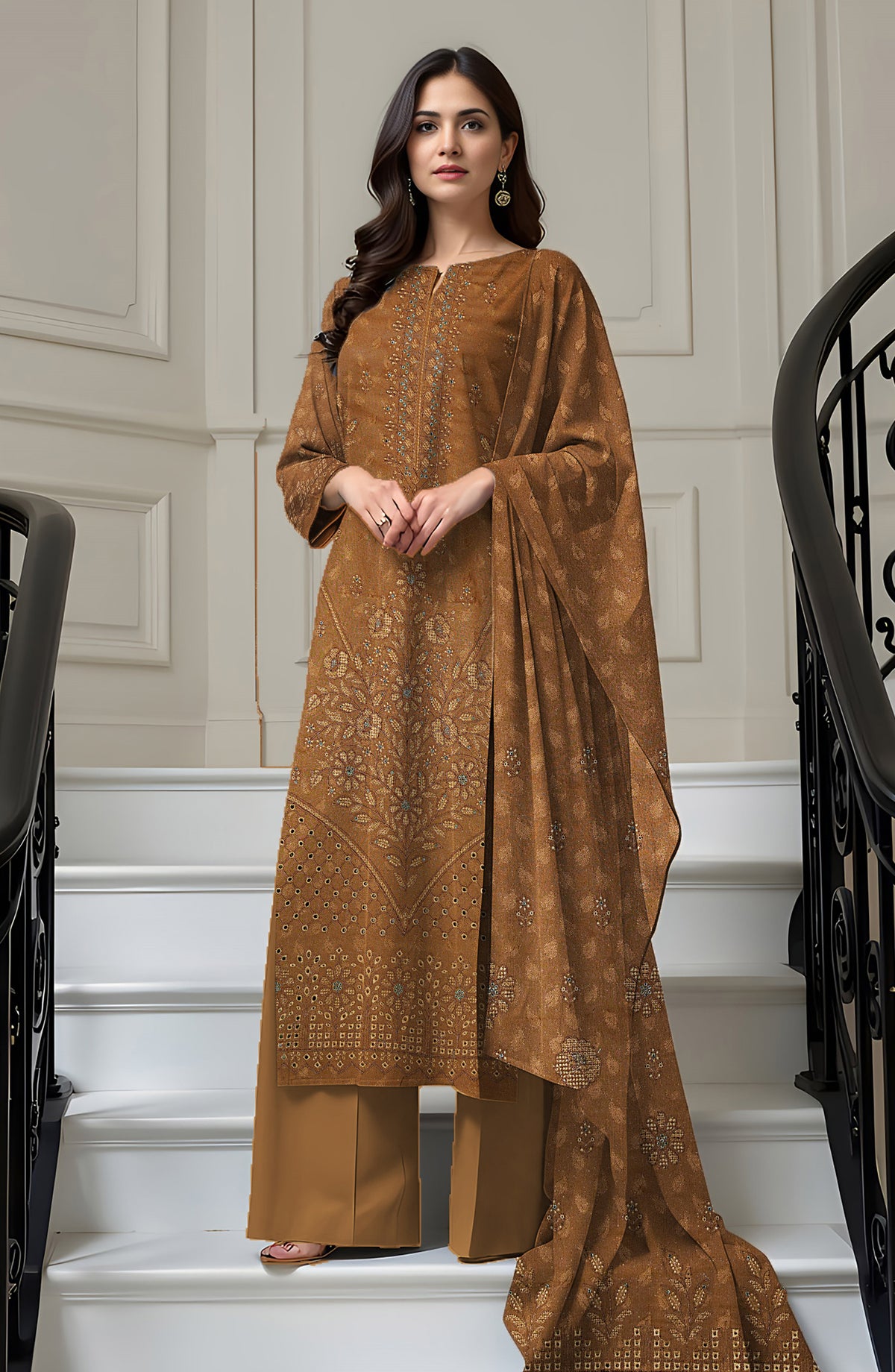 Wadi e Rangoon Embroidered Dhanak Jacquard Chamki Unstitched 3 Piece Suit - Design-05 - AK25WDR - Mustard - Winter Collection