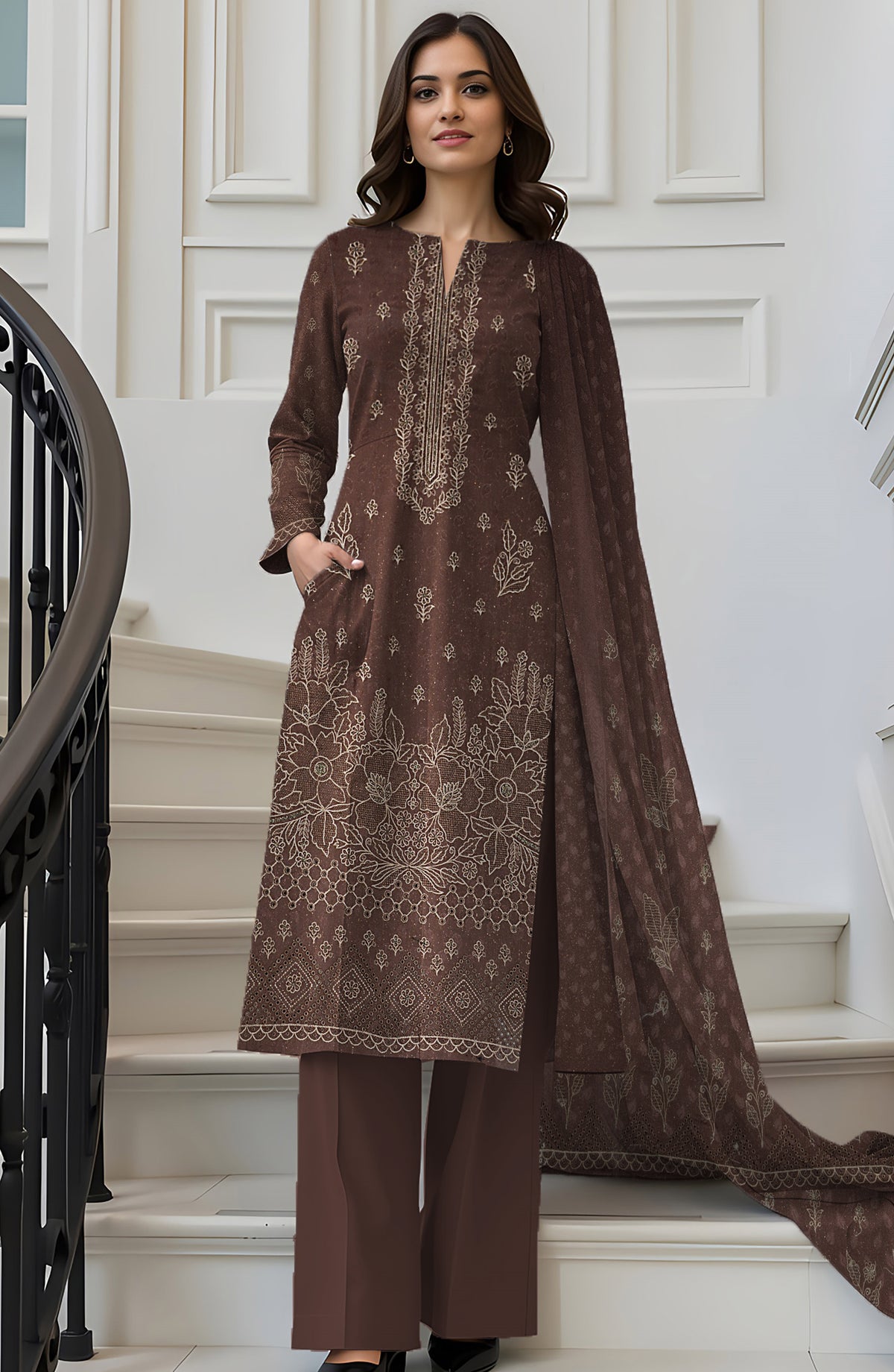 Wadi e Rangoon Embroidered Dhanak Jacquard Chamki Unstitched 3 Piece Suit - Design-06 - AK25WDR - Brown - Winter Collection