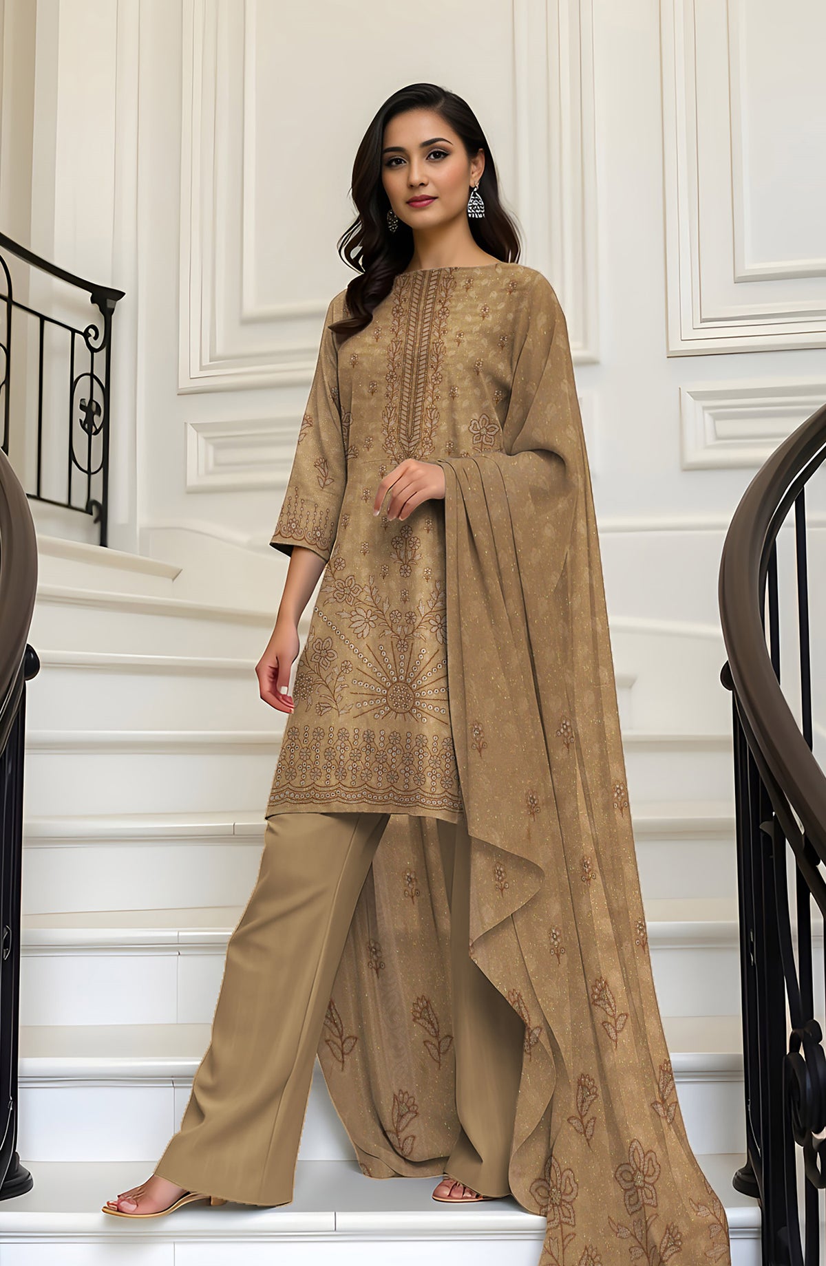 Wadi e Rangoon Embroidered Dhanak Jacquard Chamki Unstitched 3 Piece Suit - Design-07 - AK25WDR - Beige - Winter Collection