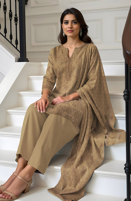 Wadi e Rangoon Embroidered Dhanak Jacquard Chamki Unstitched 3 Piece Suit - Design-07 - AK25WDR - Beige - Winter Collection