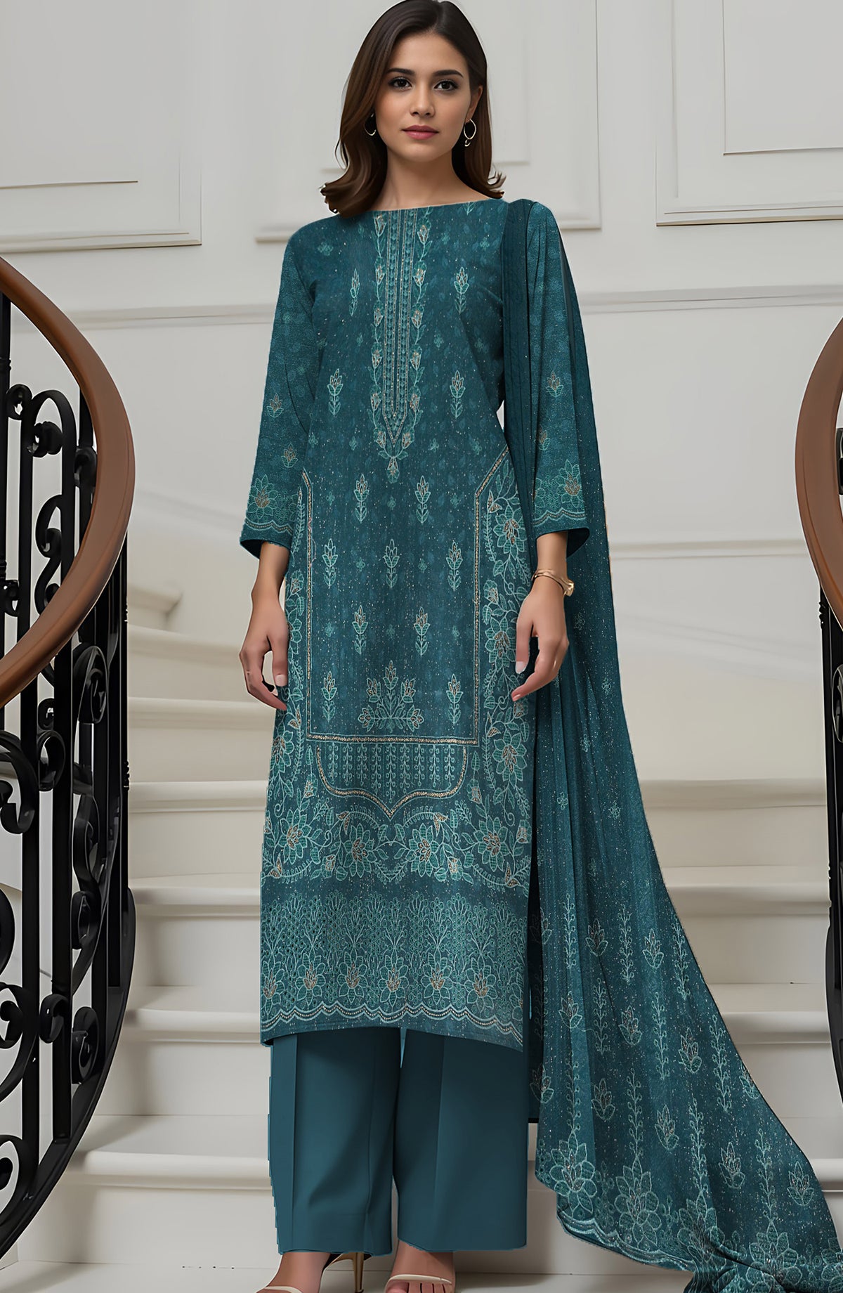 Wadi e Rangoon Embroidered Dhanak Jacquard Chamki Unstitched 3 Piece Suit - Design-08 - AK25WDR - Teal - Winter Collection