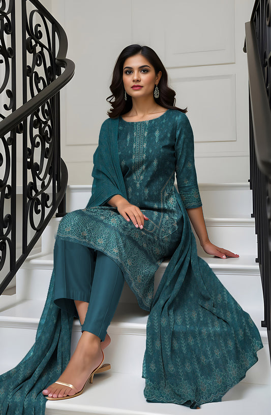 Wadi e Rangoon Embroidered Dhanak Jacquard Chamki Unstitched 3 Piece Suit - Design-08 - AK25WDR - Teal - Winter Collection