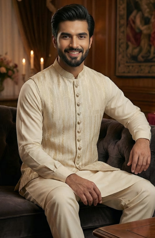 TGM The Royal Edit Suiting Stitched Three Piece with matching Suit - Waistcoat - 104 (3pc) - TGM26ROY - Beige - Men Festive Collection