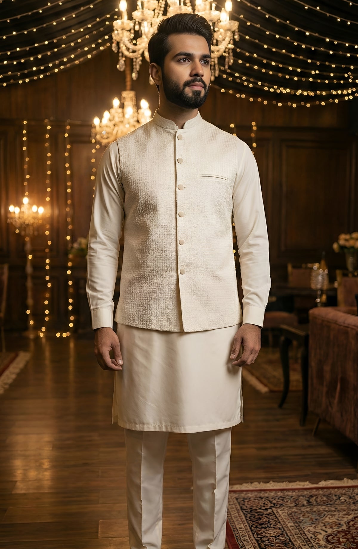 TGM The Royal Edit Suiting Stitched Three Piece with matching Suit - Waistcoat - 105 (3pc) - TGM26ROY - Beige - Men Festive Collection