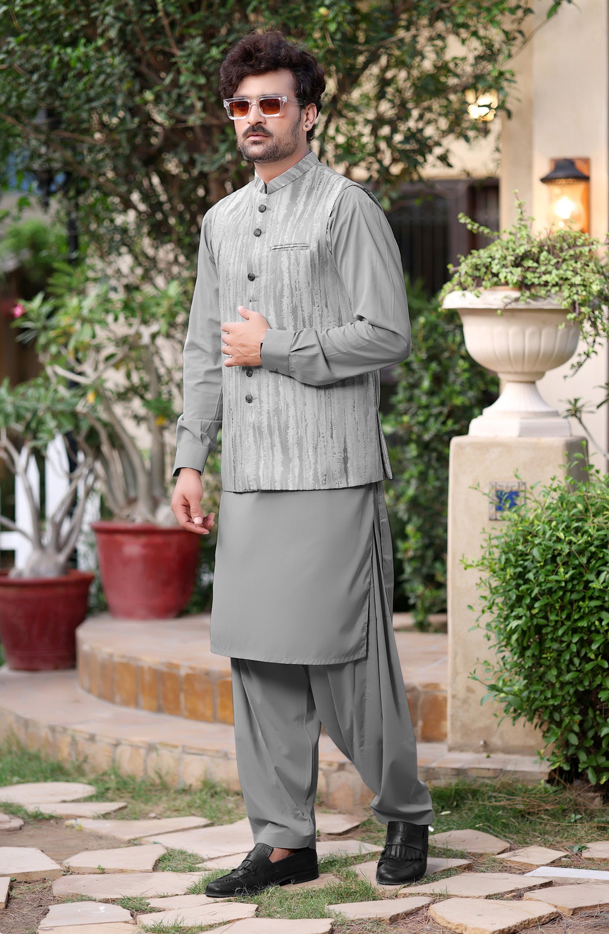 TGM The Royal Edit Suiting Stitched Three Piece with matching Suit - Waistcoat - 87 (3pc) - TGM26ROY - Grey - Men Festive Collection