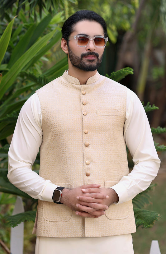 TGM The Royal Edit Suiting Stitched Three Piece with matching Suit - Waistcoat - 88 (3pc) - TGM26ROY - Beige - Men Festive Collection