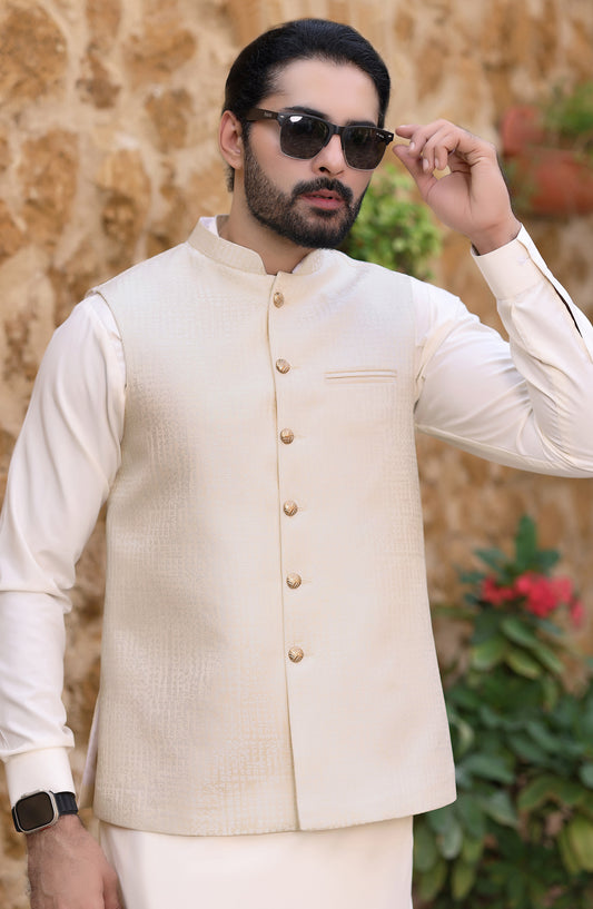 TGM The Royal Edit Suiting Stitched Three Piece with matching Suit - Waistcoat - 97 (3pc) - TGM26ROY - Beige - Men Festive Collection