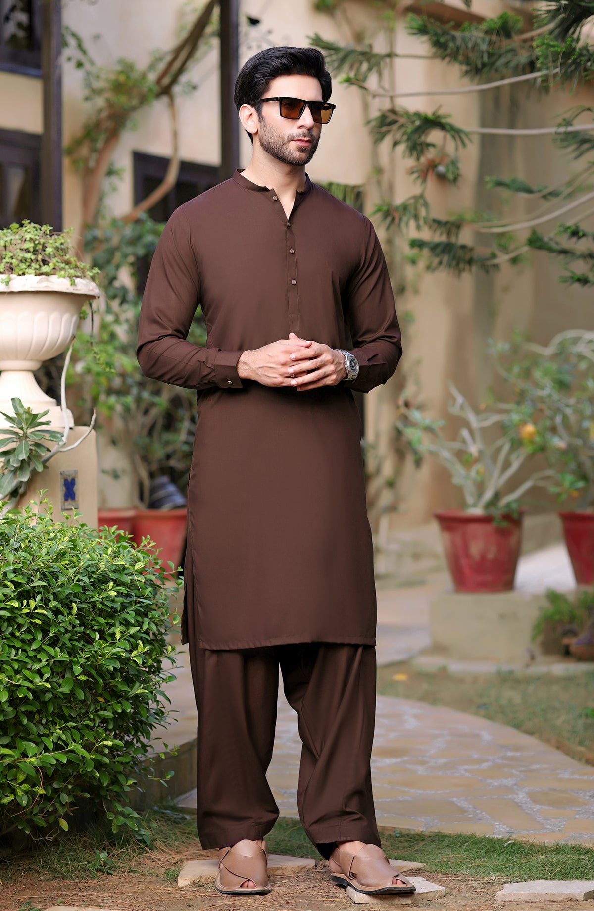 TGM The Royal Edit Suiting Stitched Three Piece with matching Suit - Waistcoat - 98 (3pc) - TGM26ROY - Brown - Men Festive Collection