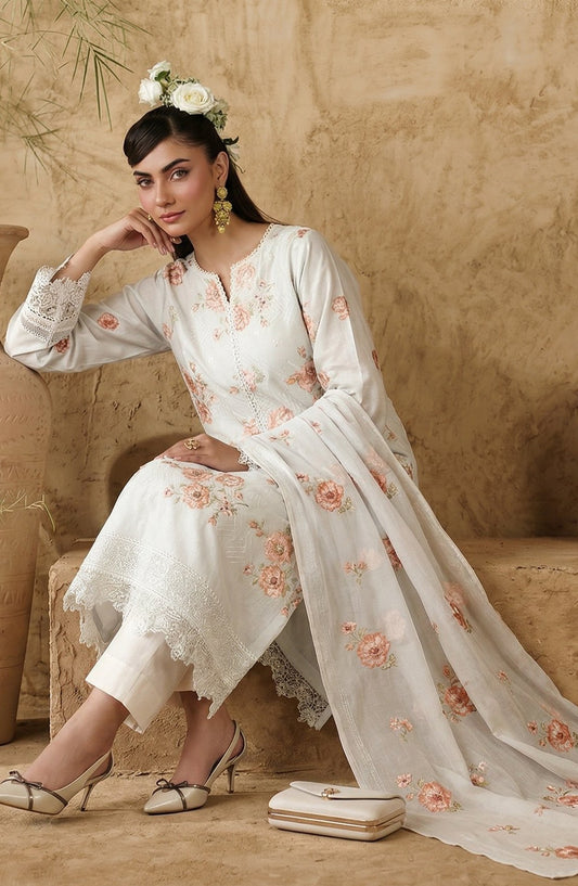 White Bareezas by Al Karim Embroidered Lawn Unstitched 3 Piece Suit - D-02 - AK26WTB - White - Summer Collection