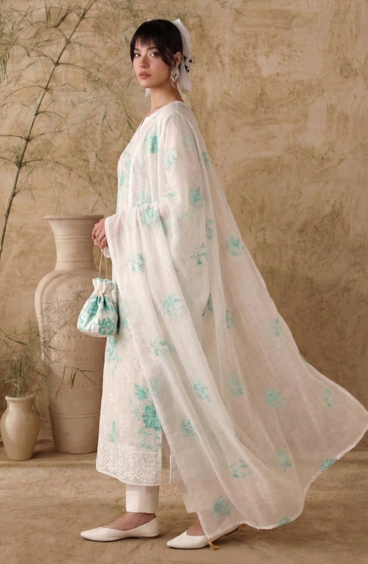 White Bareezas by Al Karim Embroidered Lawn Unstitched 3 Piece Suit - D-01 - AK26WTB - White - Summer Collection