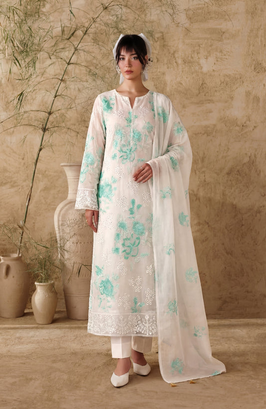 White Bareezas by Al Karim Embroidered Lawn Unstitched 3 Piece Suit - D-01 - AK26WTB - White - Summer Collection